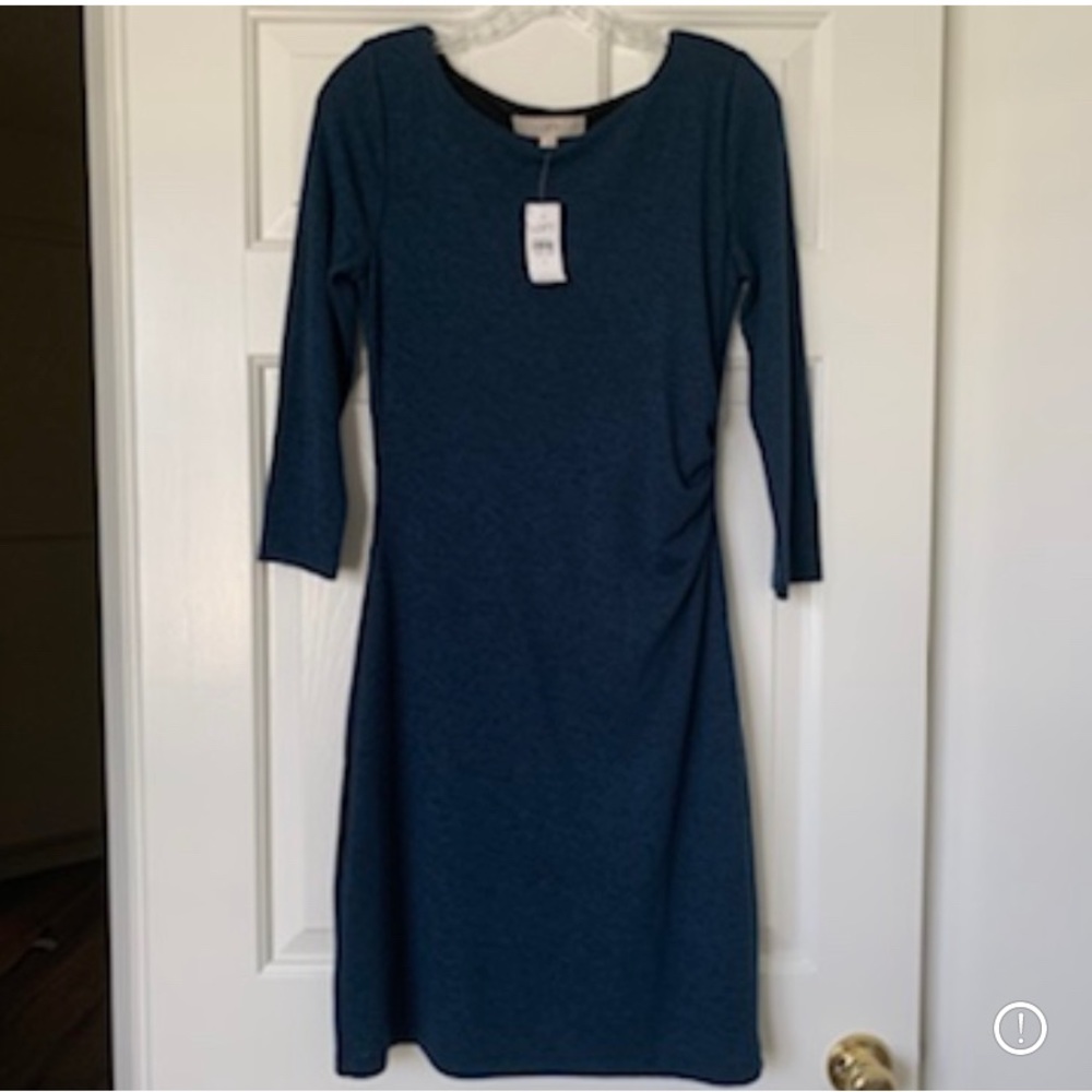 LOFT blue 3/4 length sleeve, side gather dress, size S